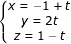 \dpi{80} \fn_jvn \small \left\{\begin{matrix} x=-1+t & & \\ y=2t & & \\ z=1-t & & \end{matrix}\right.